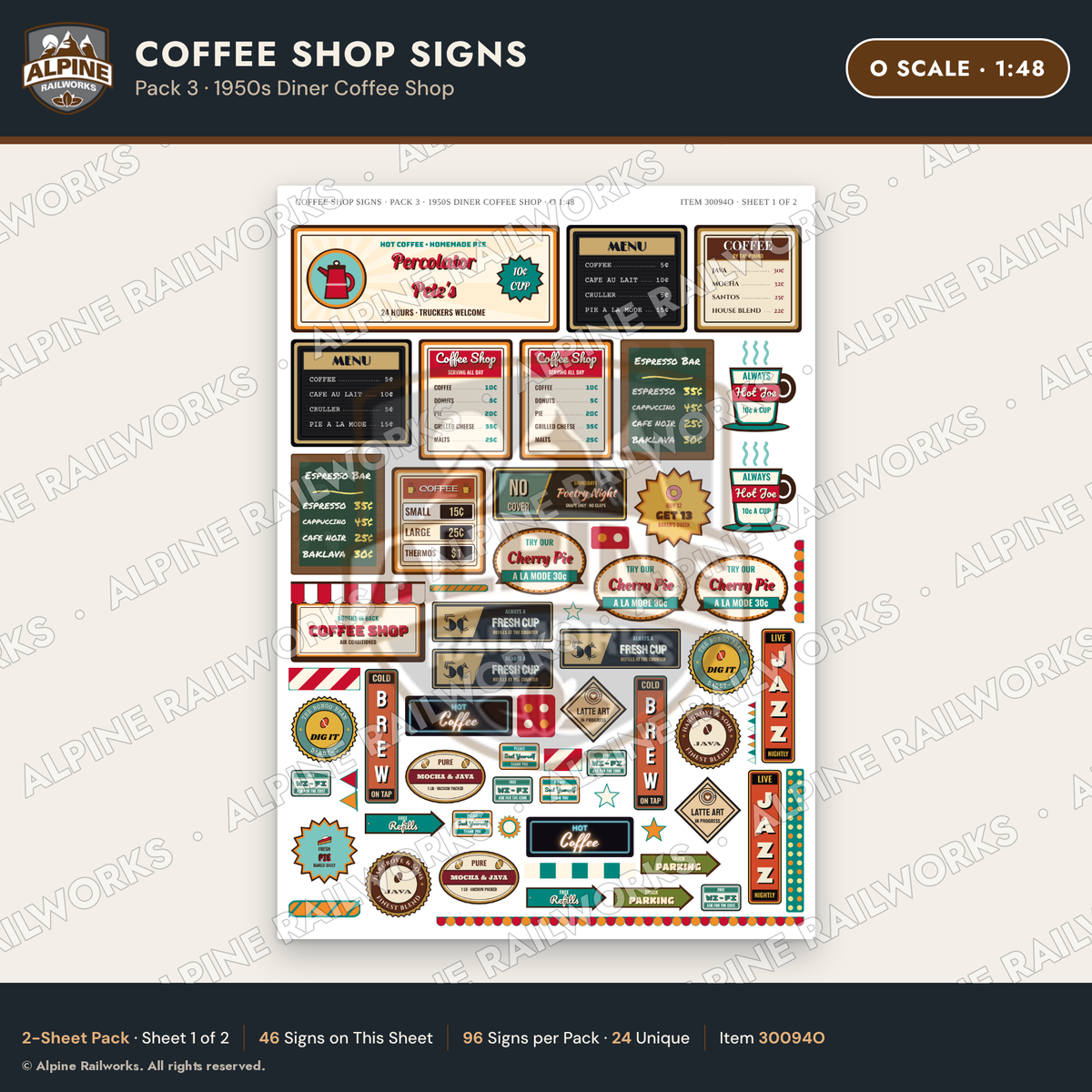 Alpine Railworks 30094O O Scale Coffee Shop Signs - Diner Coffee Shop