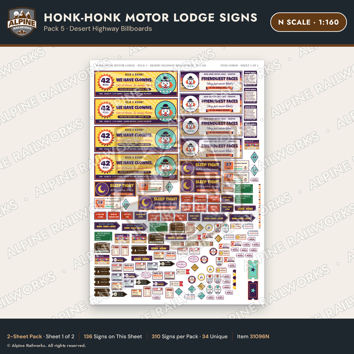 Alpine Railworks 31096N N Scale Roadside Signs - Clown Motel