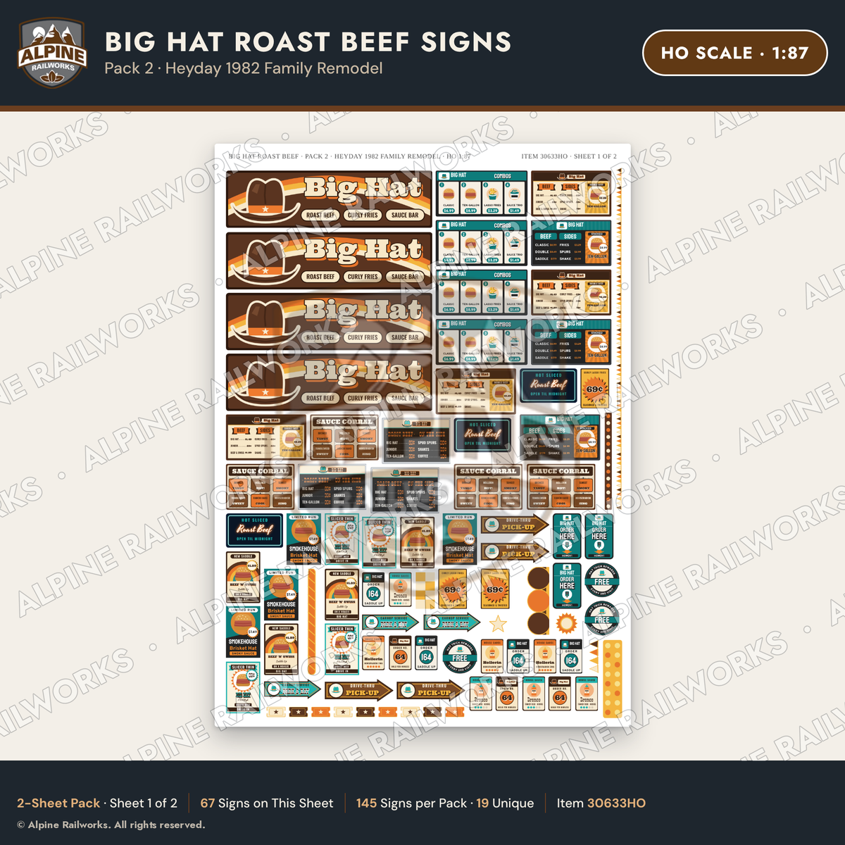 Alpine Railworks 30633HO HO Scale Fast Food Signs - Western Roast Beef