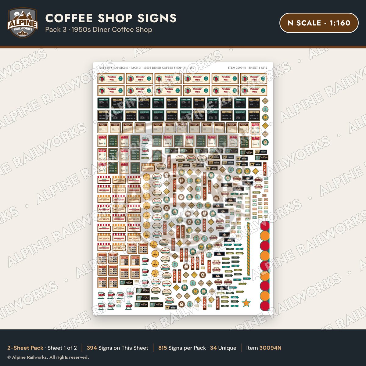Alpine Railworks 30094N N Scale Coffee Shop Signs - Diner Coffee Shop
