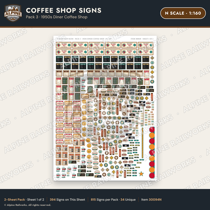 Alpine Railworks 30094N N Scale Coffee Shop Signs - Diner Coffee Shop