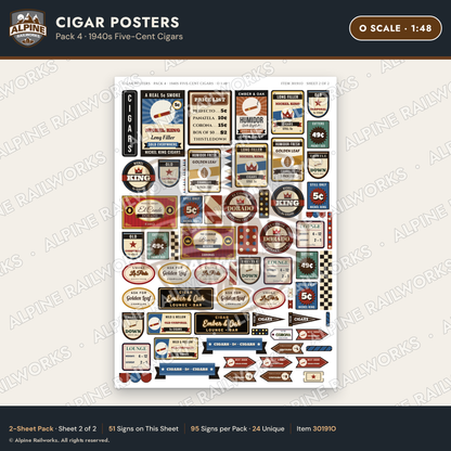 Alpine Railworks 30191O O Scale Cigar Posters - 1940s Five-Cent Cigars