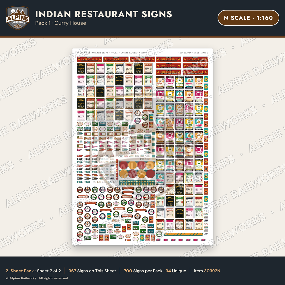 Alpine Railworks 30392N N Scale Indian Restaurant Signs - Curry House