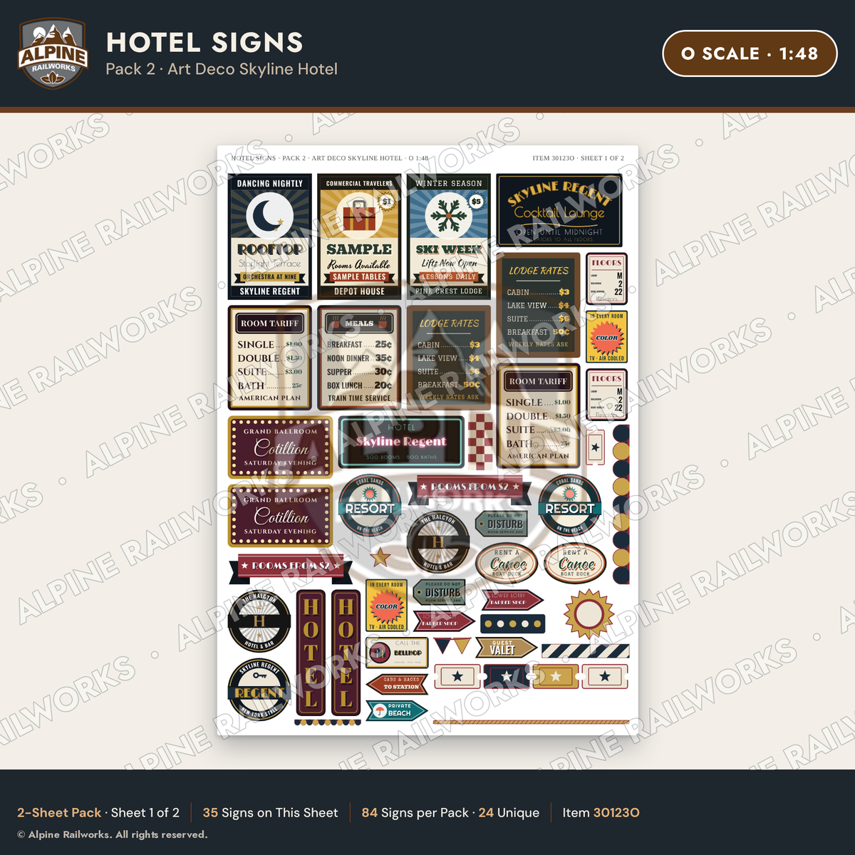 Alpine Railworks 30123O O Scale Hotel Signs - Art Deco Skyline Hotel