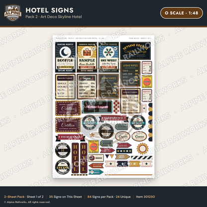 Alpine Railworks 30123O O Scale Hotel Signs - Art Deco Skyline Hotel