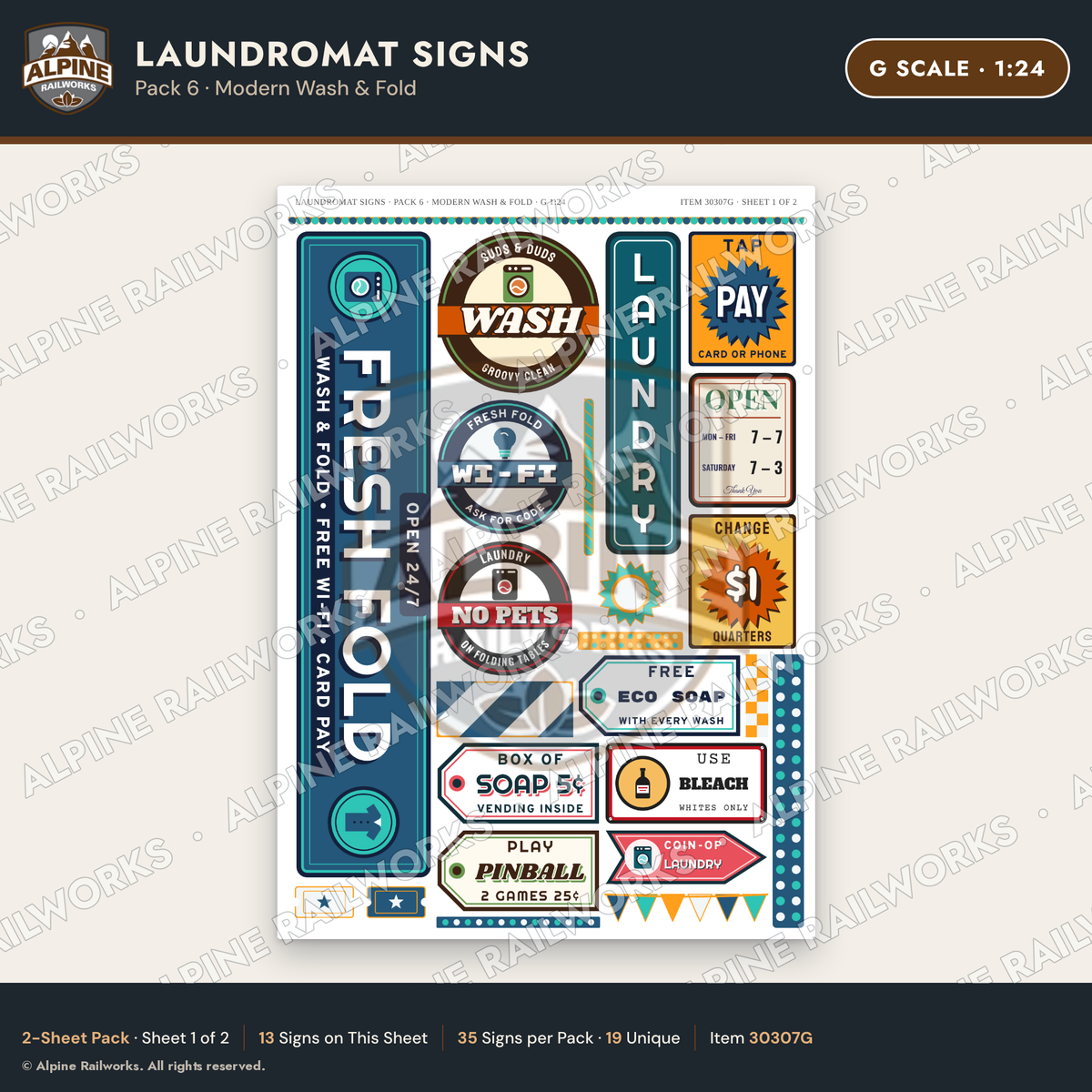 Alpine Railworks 30307G G Scale Laundromat Signs - Modern Wash & Fold