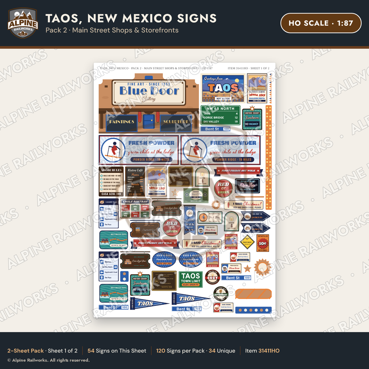 Alpine Railworks 31411HO HO Scale Taos NM Signs - Main Street Shops