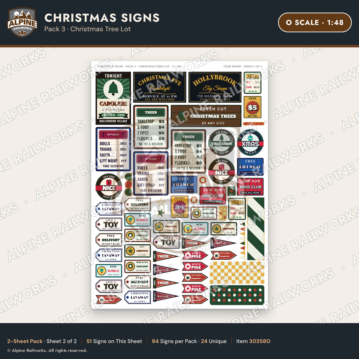 Alpine Railworks 30358O O Scale Christmas Signs - Christmas Tree Lot