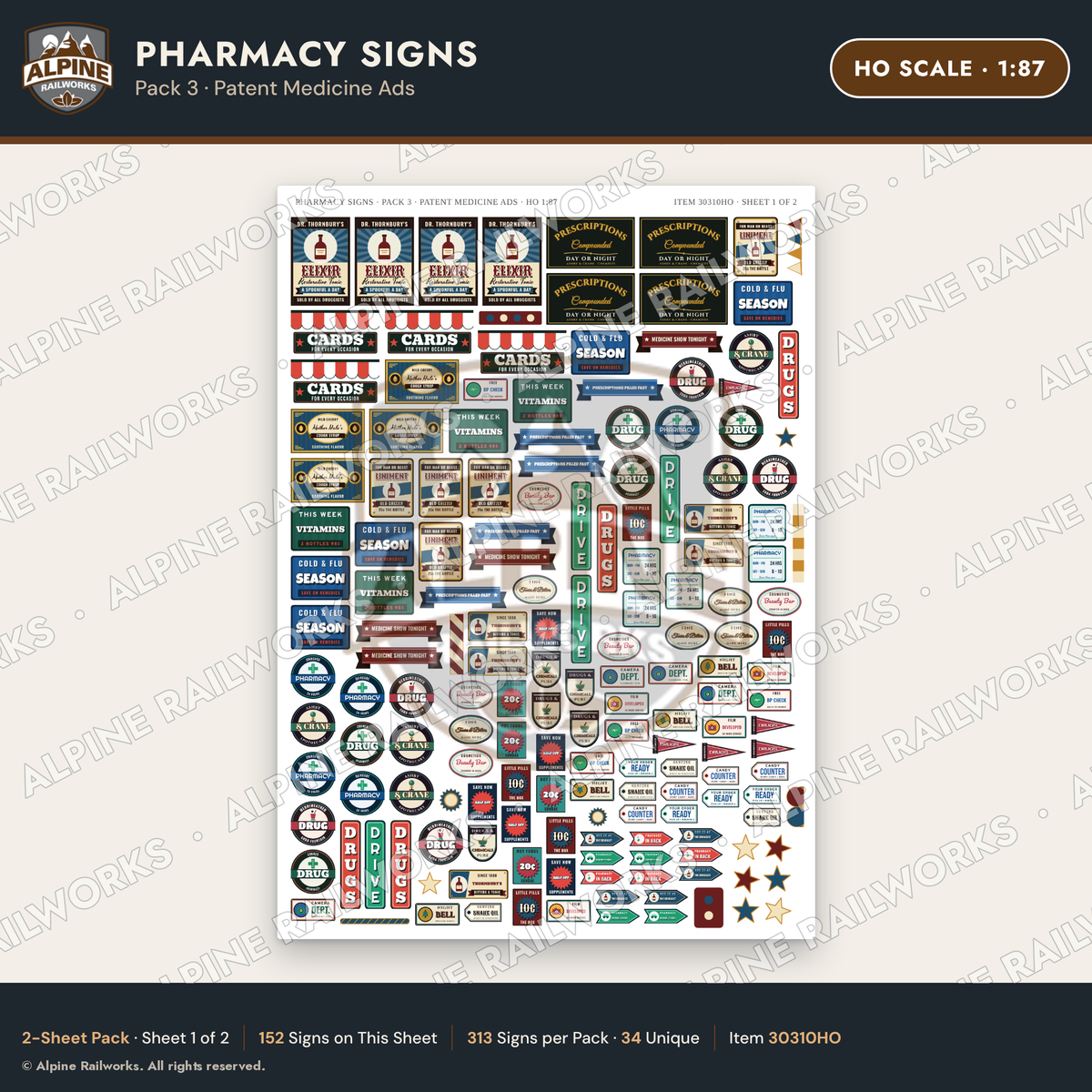 Alpine Railworks 30310HO HO Scale Pharmacy Signs - Patent Medicine Ads