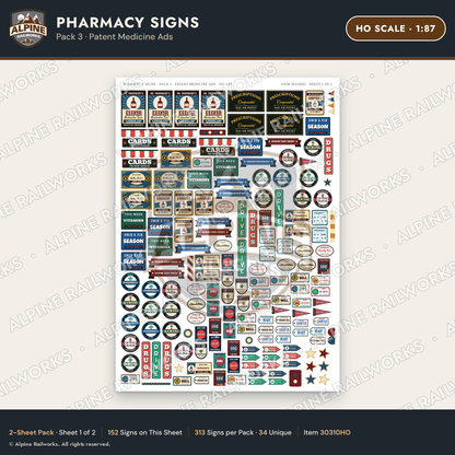 Alpine Railworks 30310HO HO Scale Pharmacy Signs - Patent Medicine Ads