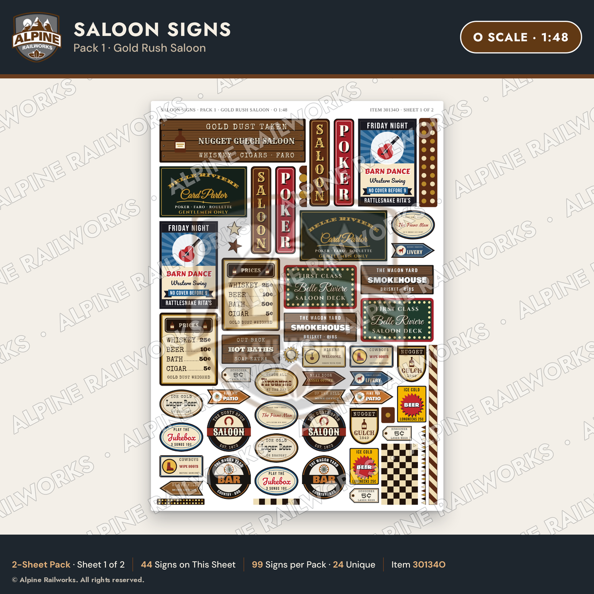 Alpine Railworks 30134O O Scale Saloon Signs - Gold Rush Saloon