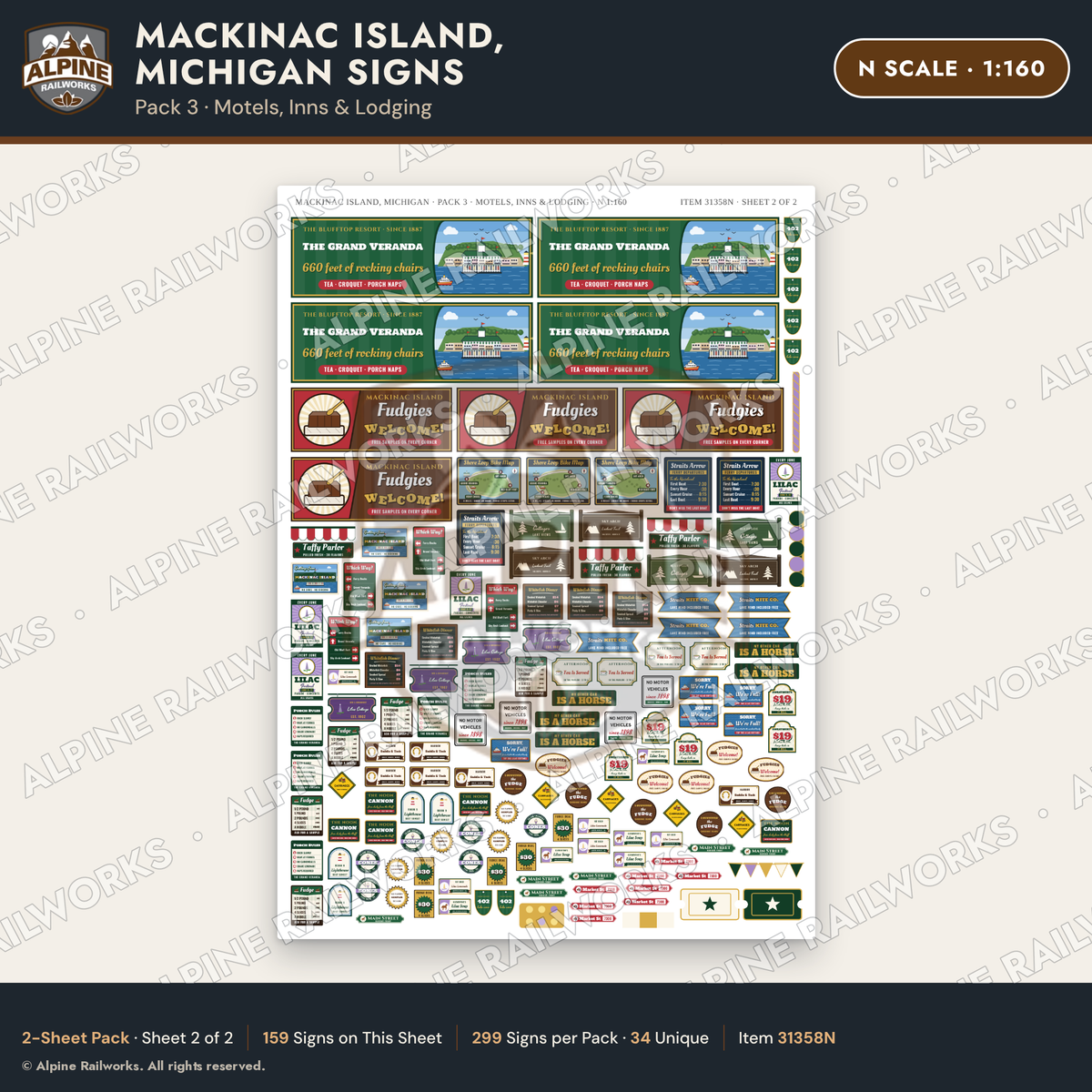 Alpine Railworks 31358N N Scale Mackinac Island Signs - Motels & Inns