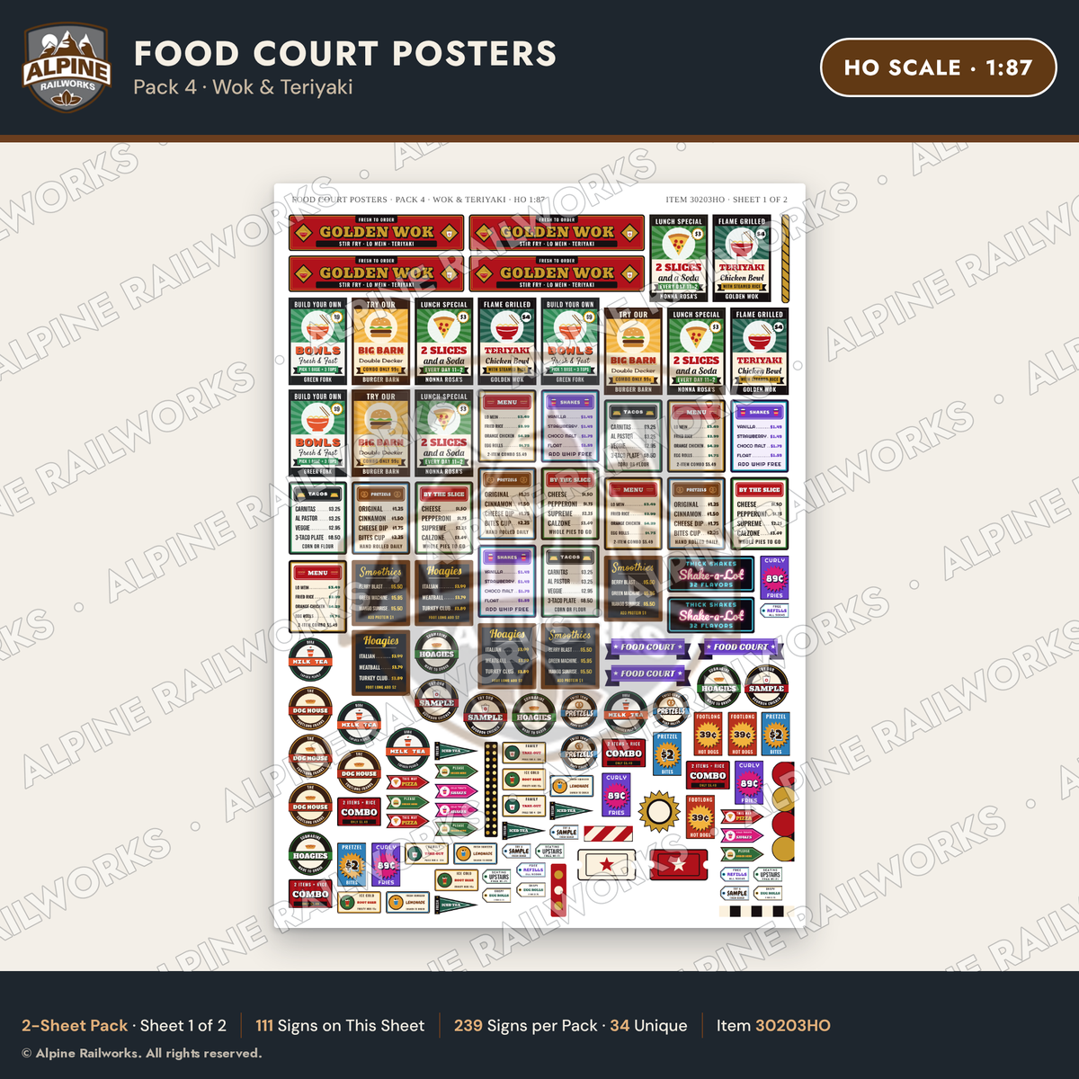 Alpine Railworks 30203HO HO Scale Food Court Posters - Wok & Teriyaki