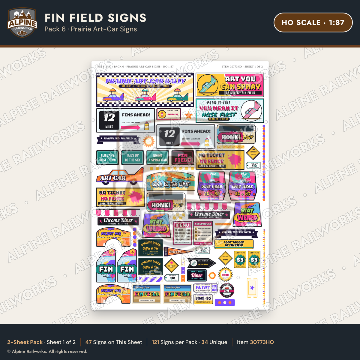 Alpine Railworks 30773HO HO Scale Roadside Signs - Buried Car Art