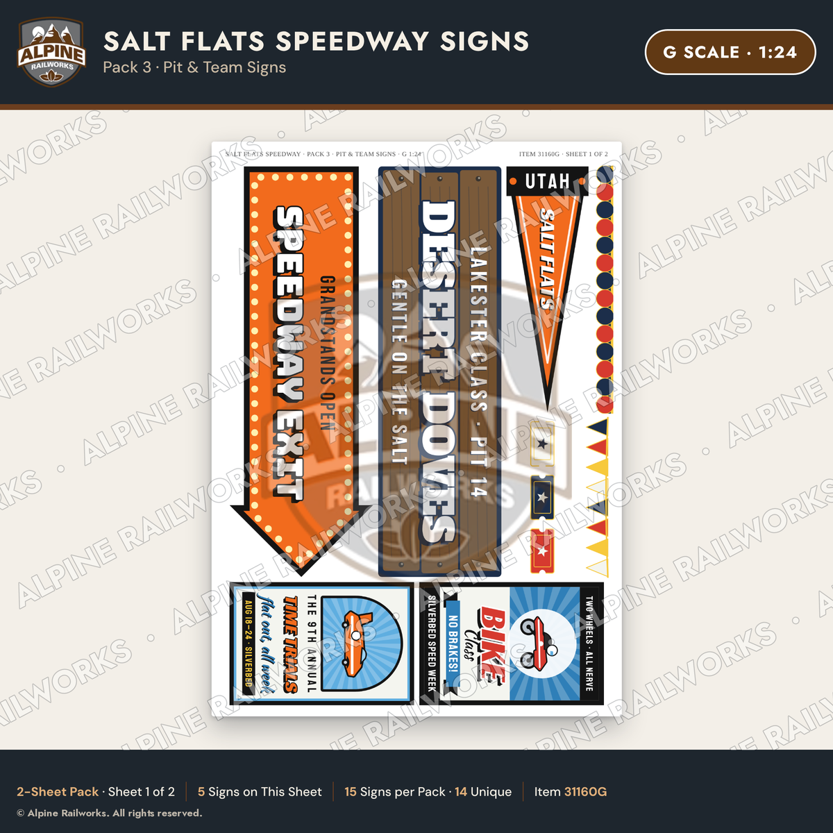 Alpine Railworks 31160G G Scale Racing Signs - Salt Flats Speedway