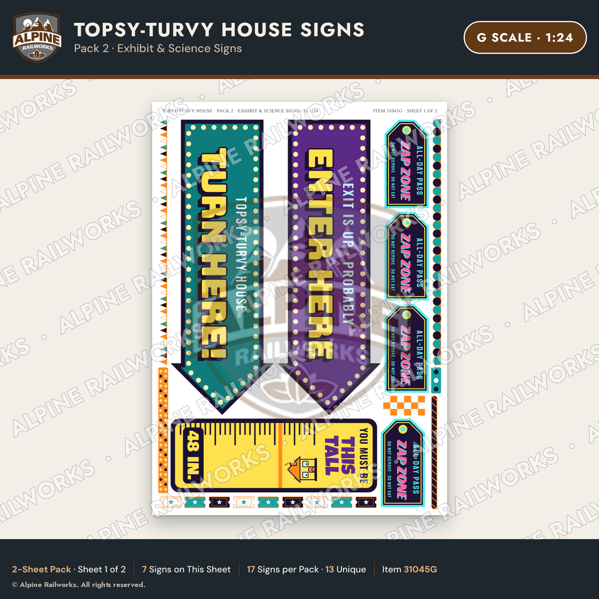Alpine Railworks 31045G G Scale Roadside Signs - Upside-Down House