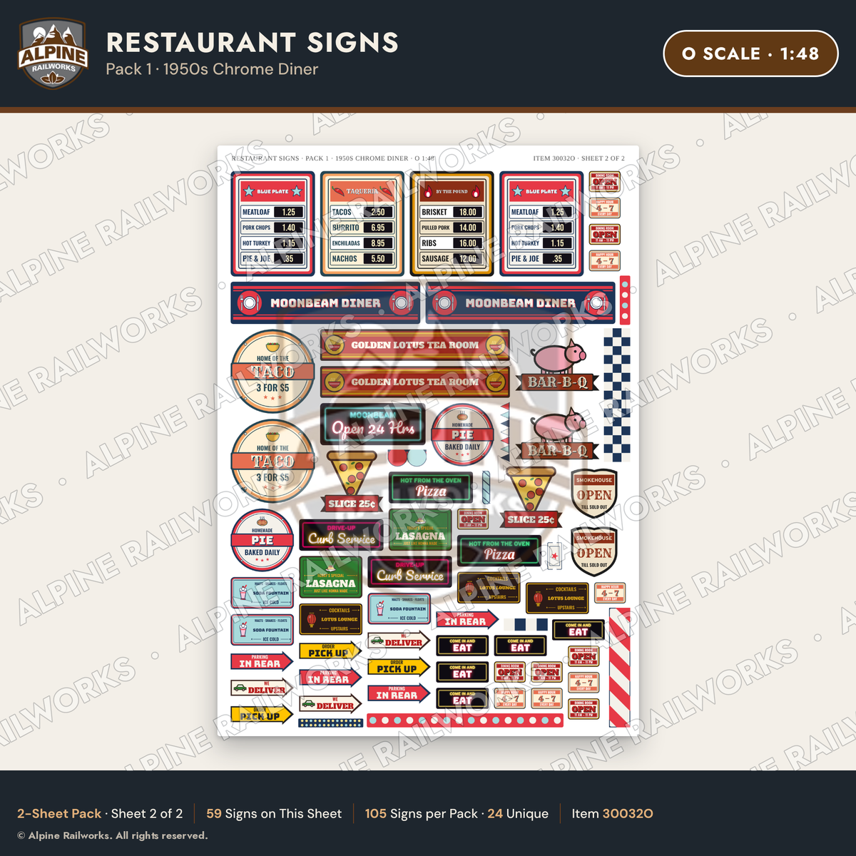 Alpine Railworks 30032O O Scale Restaurant Signs - 1950s Chrome Diner