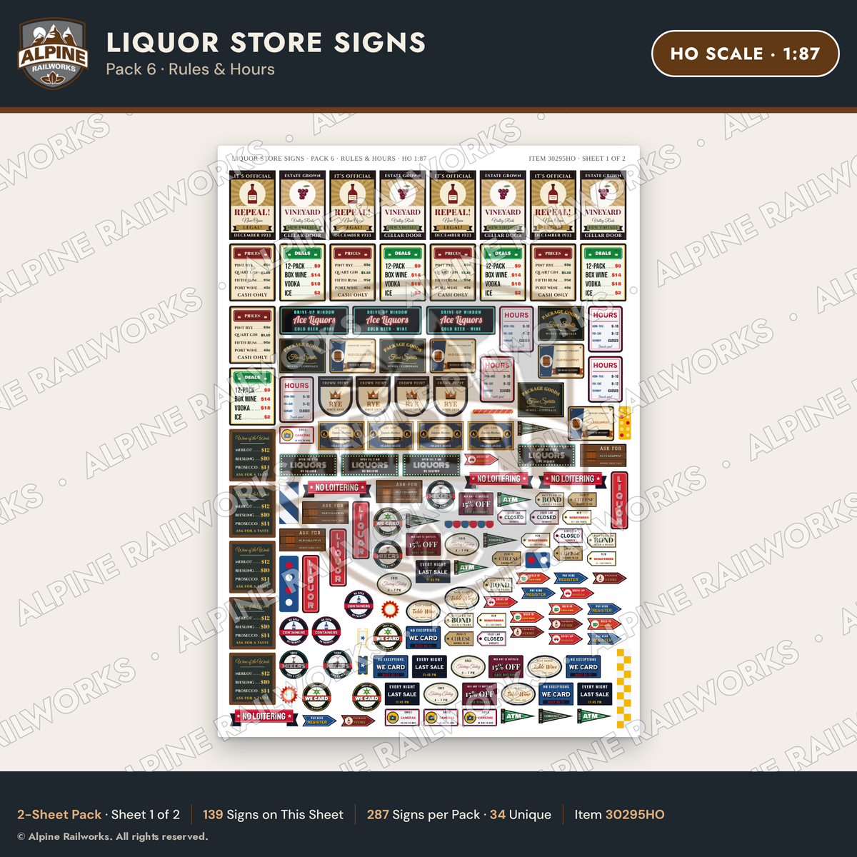 Alpine Railworks 30295HO HO Scale Liquor Store Signs - Rules & Hours