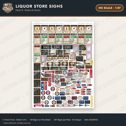 Alpine Railworks 30295HO HO Scale Liquor Store Signs - Rules & Hours