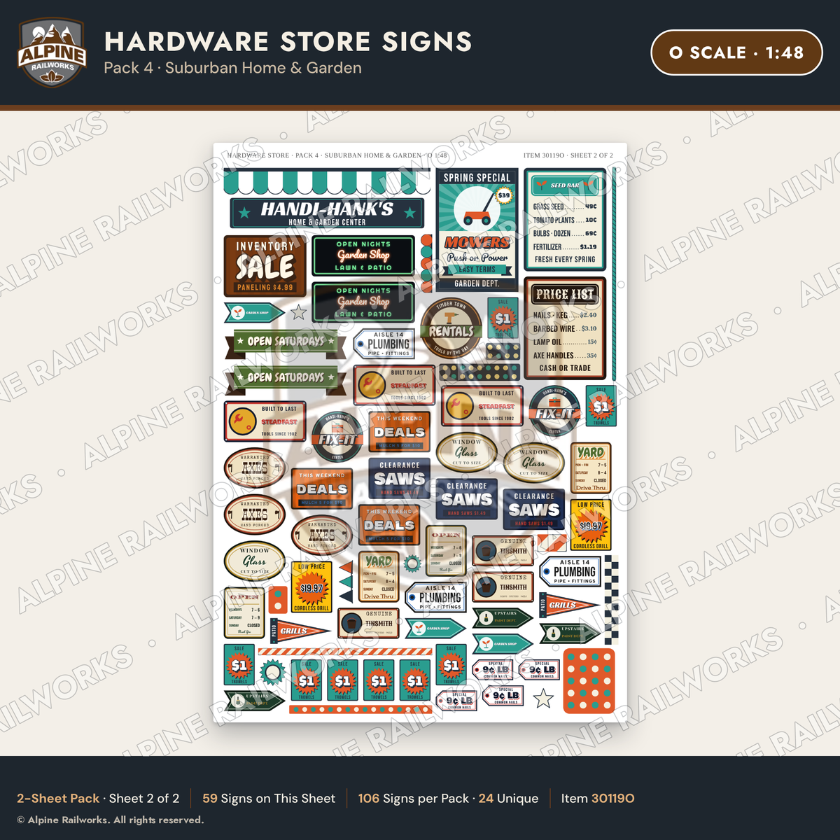 Alpine Railworks 30119O O Scale Hardware Store Signs - Suburban Home