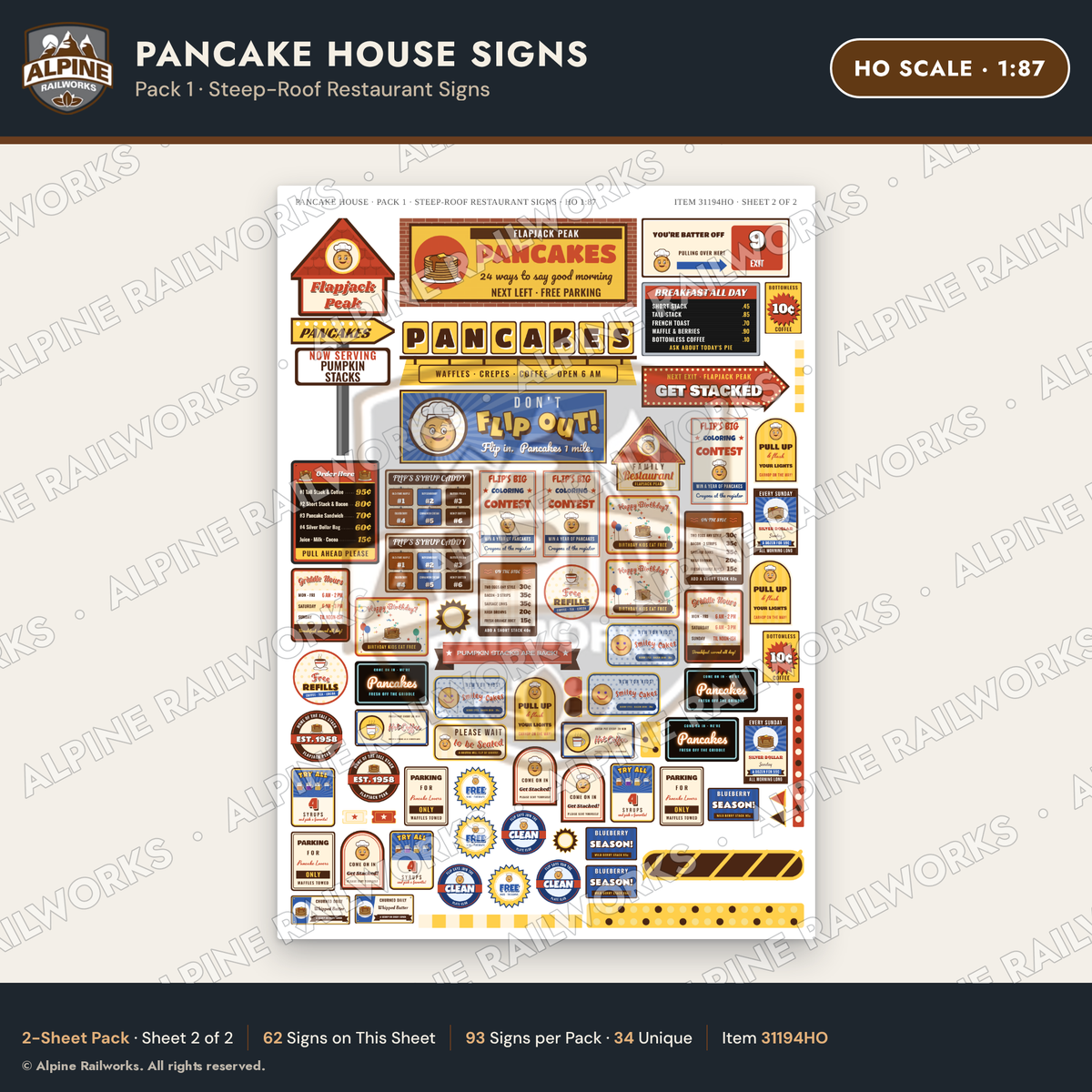 Alpine Railworks 31194HO HO Scale Pancake House Signs - Storefront