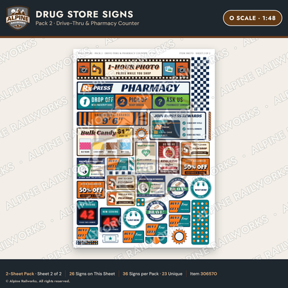 Alpine Railworks 30657O O Scale Drug Store Signs - Drive-Thru