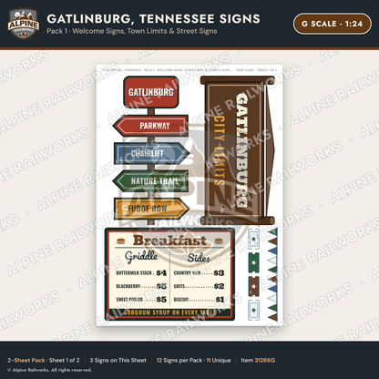 Alpine Railworks 31266G G Scale Gatlinburg TN Signs - Welcome Signs