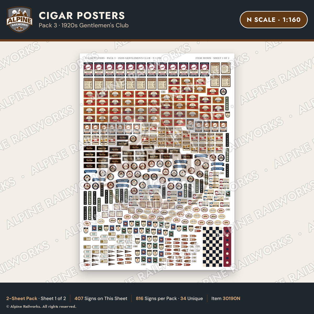 Alpine Railworks 30190N N Scale Cigar Posters - 1920s Gentlemen's Club