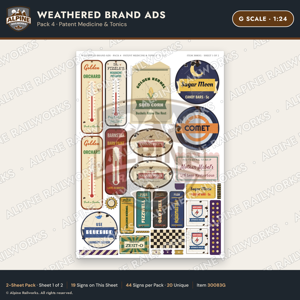 Alpine Railworks 30083G G Scale Weathered Brand Ads - Patent Medicine
