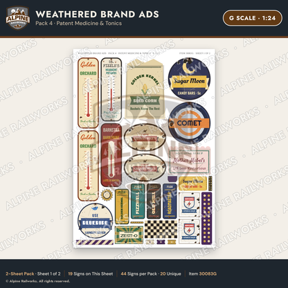 Alpine Railworks 30083G G Scale Weathered Brand Ads - Patent Medicine