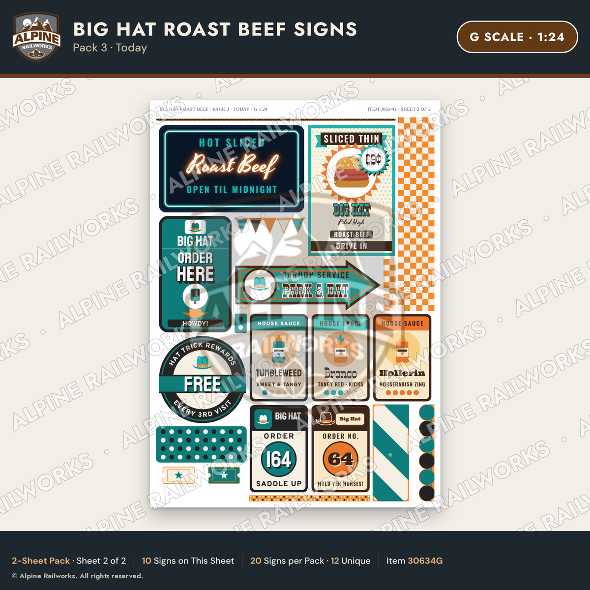 Alpine Railworks 30634G G Scale Fast Food Signs - Western Roast Beef