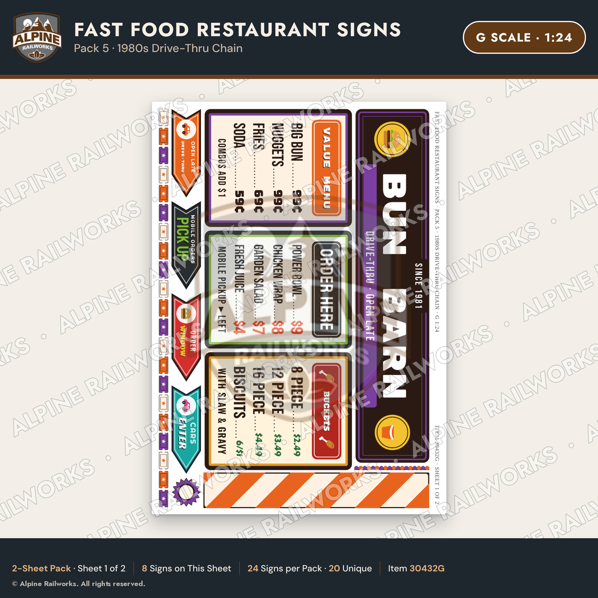 Alpine Railworks 30432G G Scale Fast Food Restaurant Signs