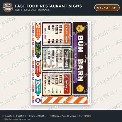 Alpine Railworks 30432G G Scale Fast Food Restaurant Signs