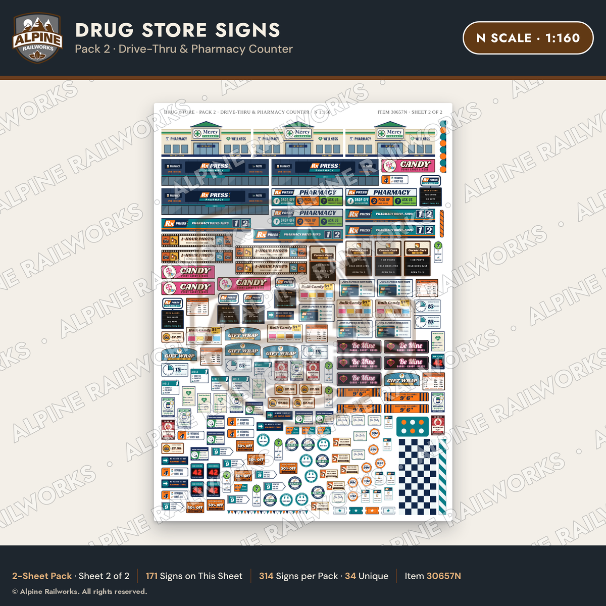 Alpine Railworks 30657N N Scale Drug Store Signs - Drive-Thru