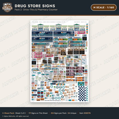 Alpine Railworks 30657N N Scale Drug Store Signs - Drive-Thru