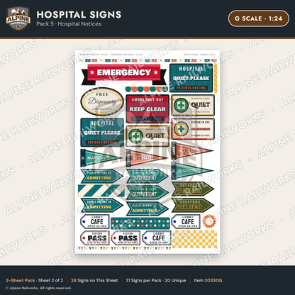 Alpine Railworks 30330G G Scale Hospital Signs - Hospital Notices