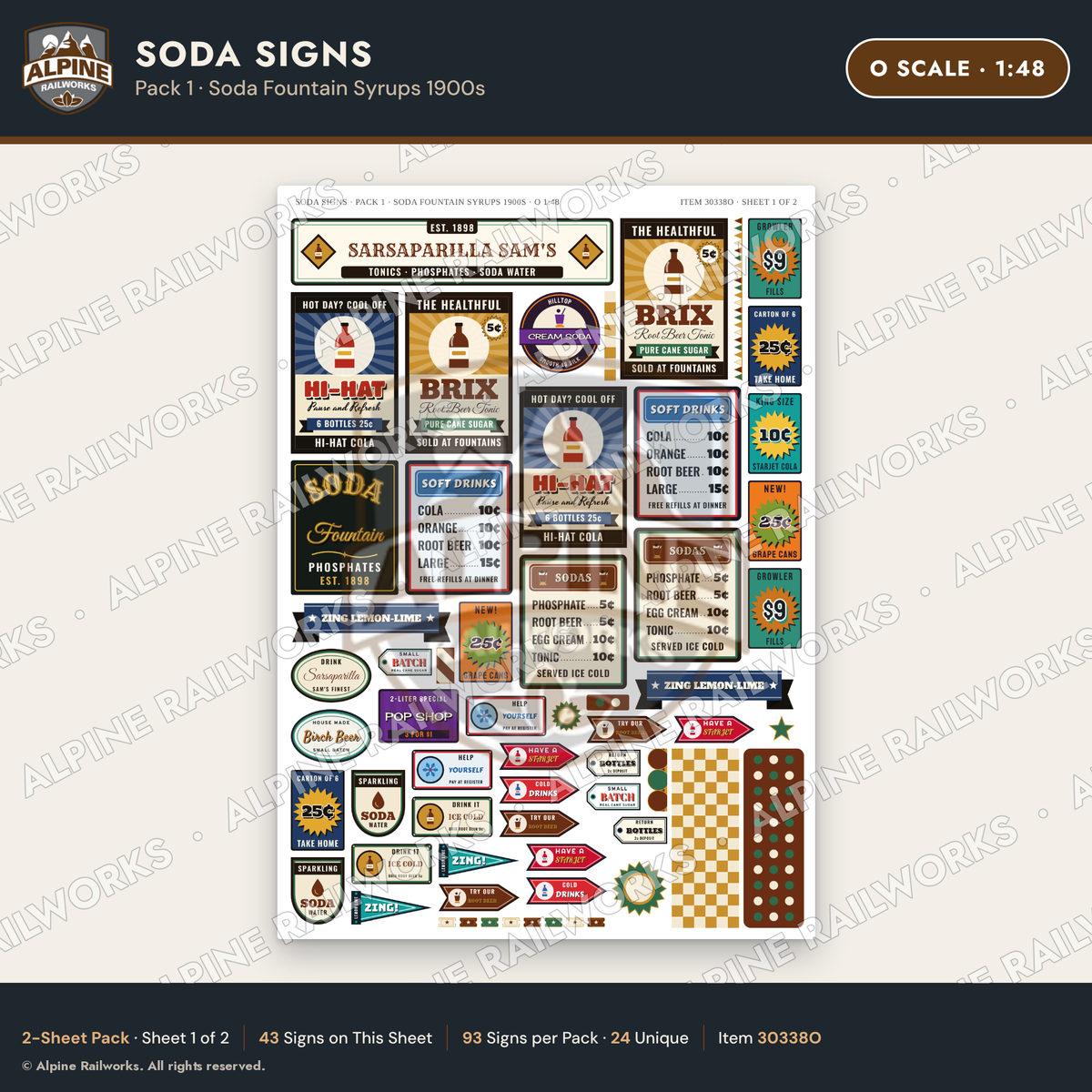 Alpine Railworks 30338O O Scale Soda Signs - Soda Fountain Syrups