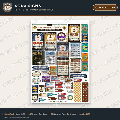 Alpine Railworks 30338O O Scale Soda Signs - Soda Fountain Syrups