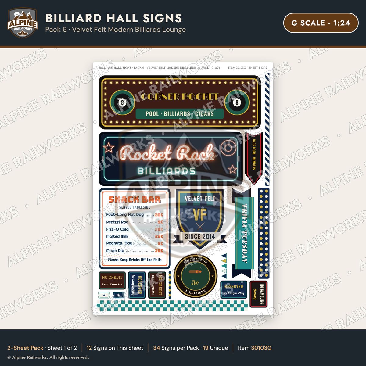 Alpine Railworks 30103G G Scale Billiard Hall Signs