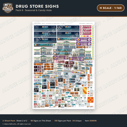 Alpine Railworks 30661N N Scale Drug Store Signs - Seasonal