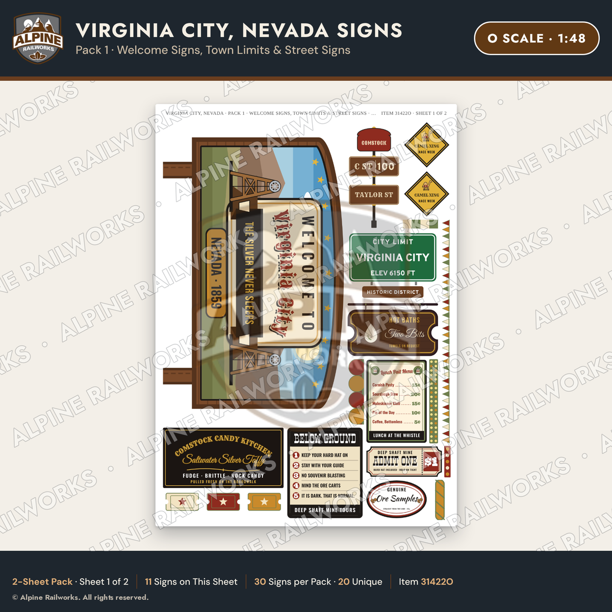 Alpine Railworks 31422O O Scale Virginia City NV Signs - Welcome Signs