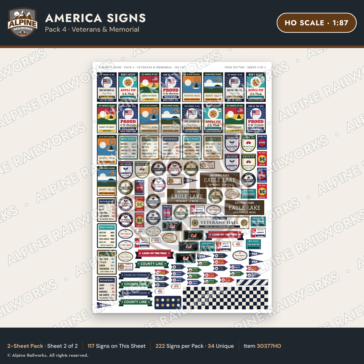 Alpine Railworks 30377HO HO Scale America Signs - Veterans & Memorial