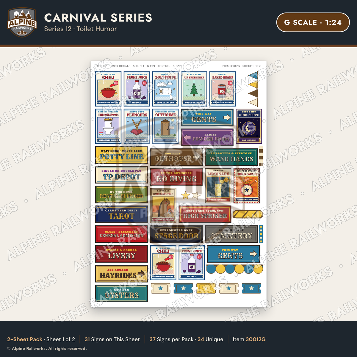 Alpine Railworks 30012G G Scale Carnival Signs - Toilet Humor