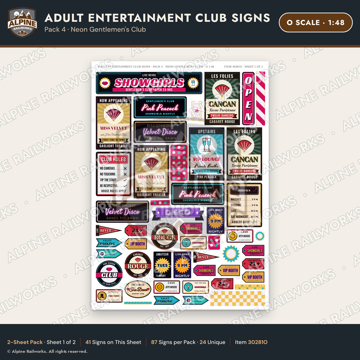 Alpine Railworks 30281O O Scale Adult Entertainment Club Signs