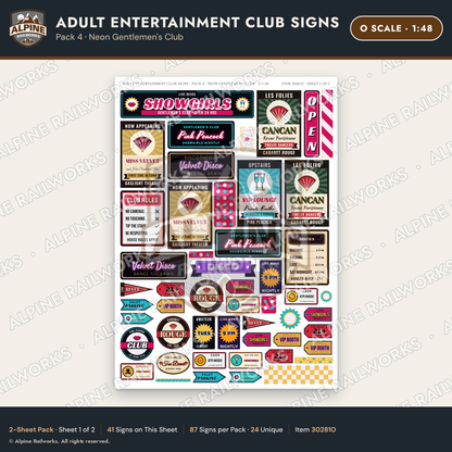Alpine Railworks 30281O O Scale Adult Entertainment Club Signs