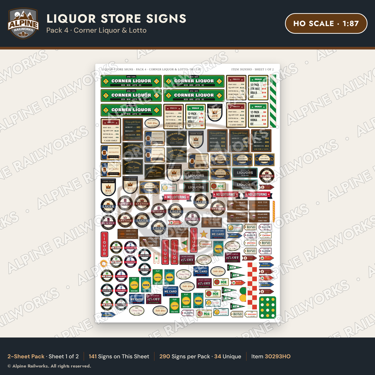 Alpine Railworks 30293HO HO Scale Liquor Store Signs - Corner Liquor