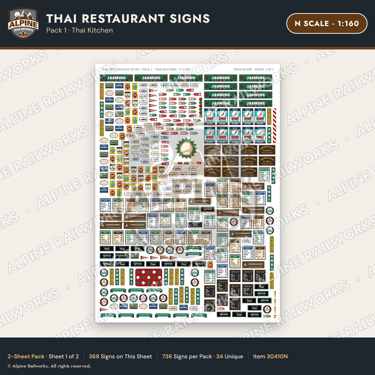 Alpine Railworks 30410N N Scale Thai Restaurant Signs - Thai Kitchen