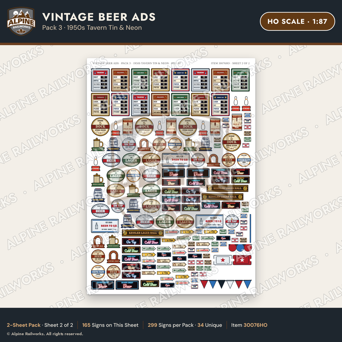 Alpine Railworks 30076HO HO Scale Vintage Beer Ads - 1950s Tavern Tin
