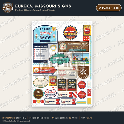 Alpine Railworks 31227O O Scale Eureka MO Signs - Diners & Cafes