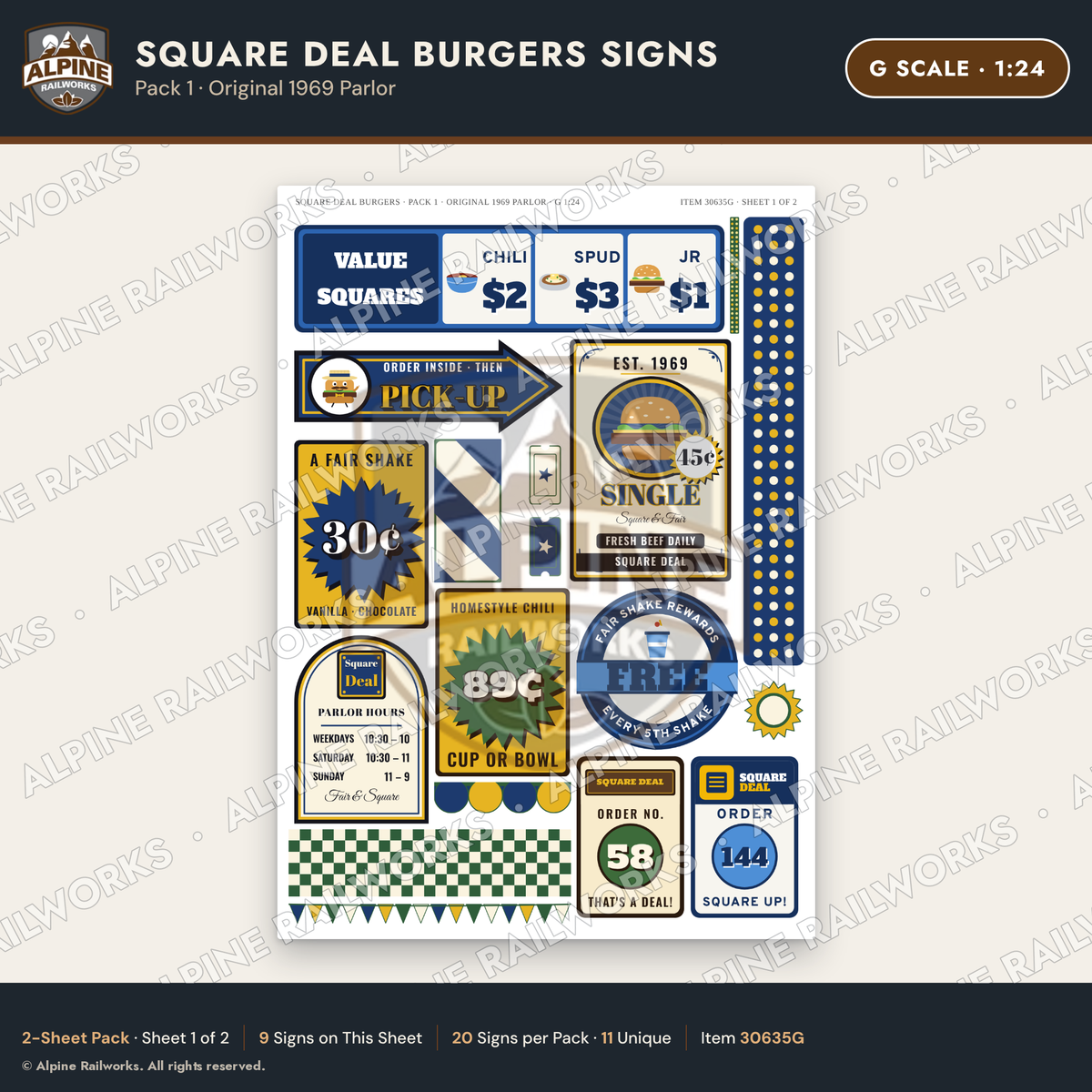 Alpine Railworks 30635G G Scale Fast Food Signs - Square Burgers
